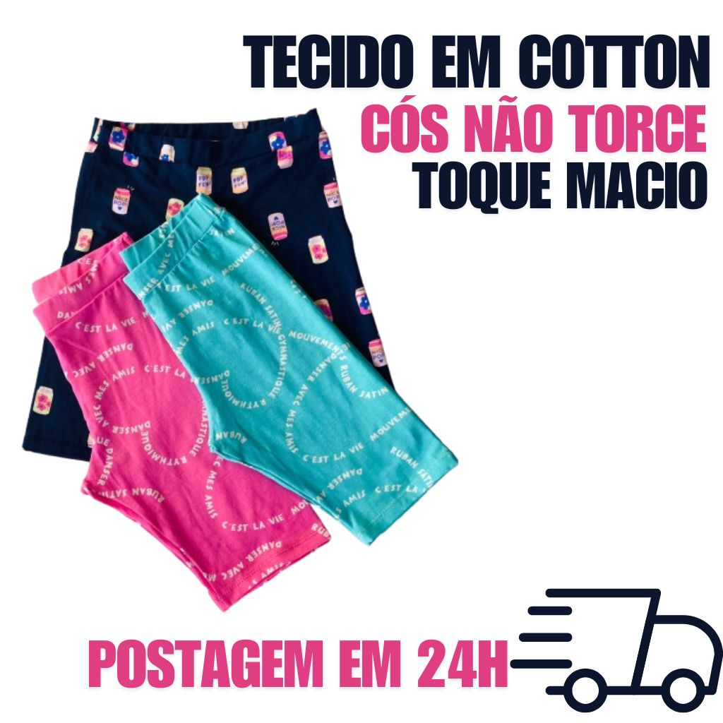 Kit 3 bermuda cotton infantil menina - short modelo ciclista em Oferta na Shopee