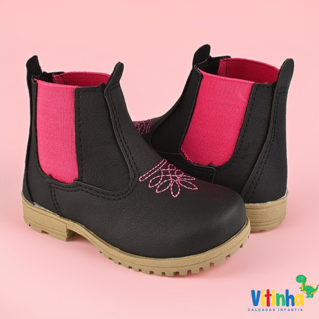 Botinha Jeca Menina Infantil Bota Princesa Bebê  Cowntry B60 PRETO PINK