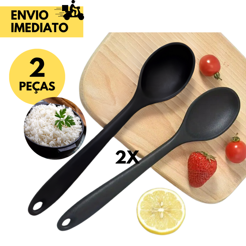2 Colher de Silicone Preta p/ Cozinha, vai ao Fogo , Ideal p/ Preparar suas Refeições, Restaurante.