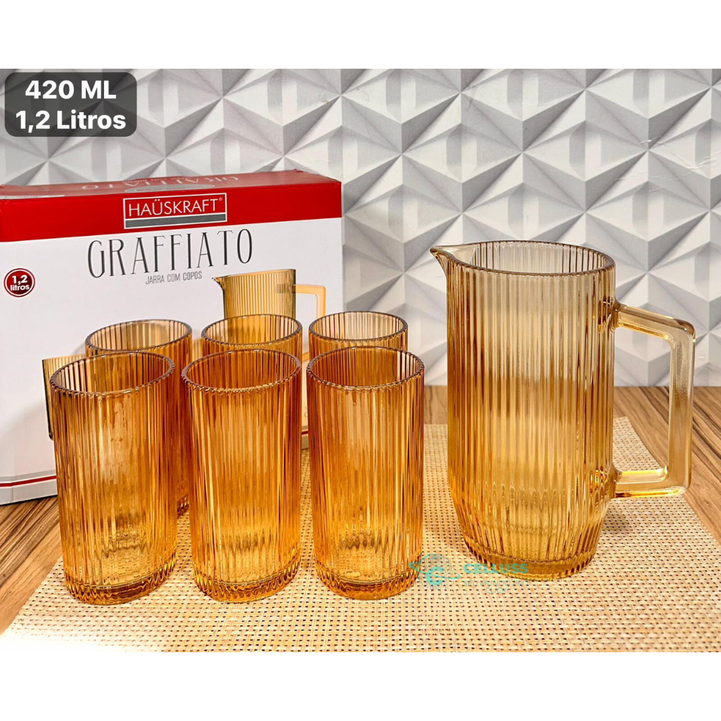 Conjunto Kit Jarra 1,2 Litros  C/6 Copos Âmbar  420ml Vidro Cristal Copo Alto Luxo Hauskraft