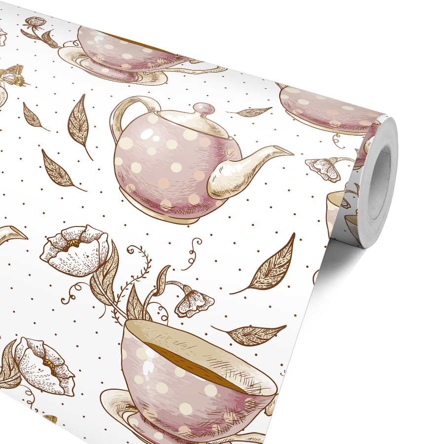 Papel de Parede Adesivo Hora do Chá Rosa bebe Poa Fundo Branco Decoração Cozinha Delicada Marrom em Oferta na Shopee