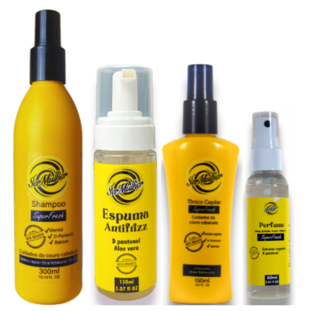 Kit Ser Mulher Com Espuma Antifrizz+ Shampoo Super Fresh Tonico capilar+ Perfume Amarelo