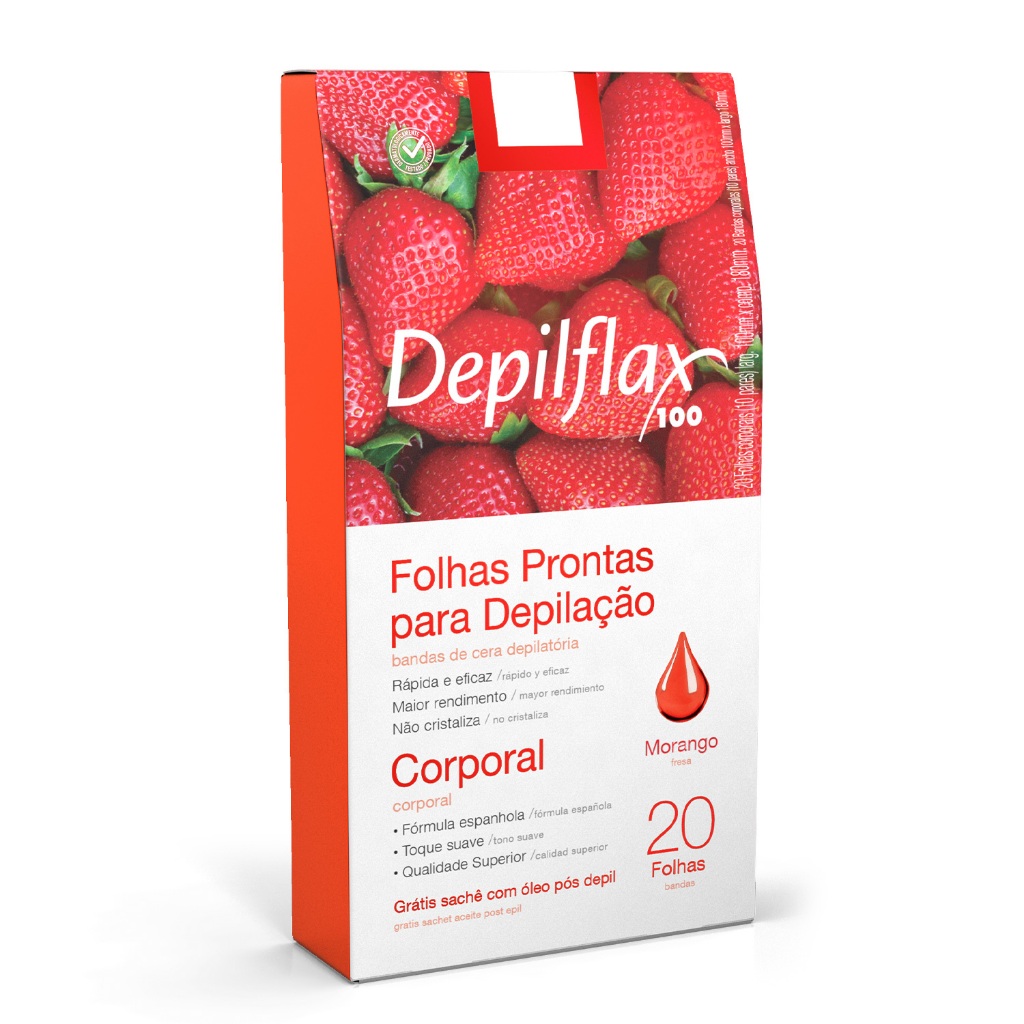 Folhas Prontas de Cera Depilatória Corporal 20 unidades Morango Depilflax