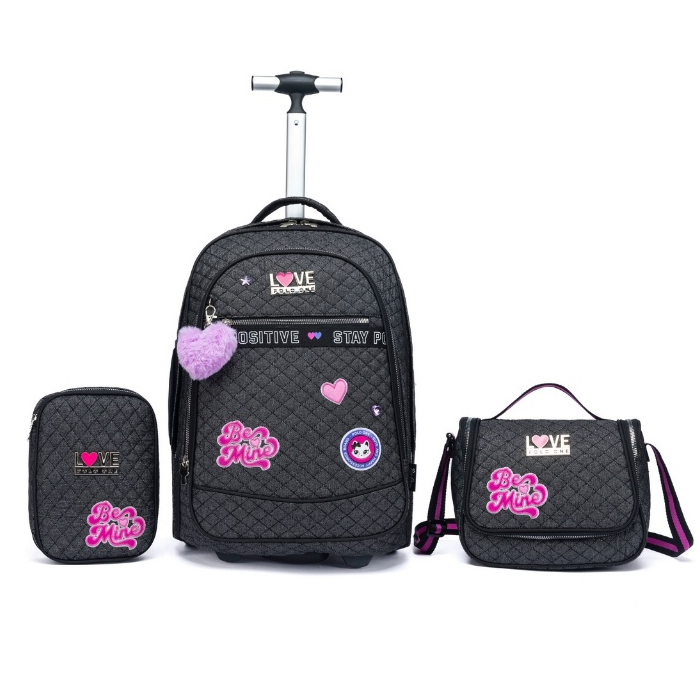 Kit Mochila Rodinha Juvenil Feminino Jeans com Brilho Escolar Lancheira Térmica Estojo Organizador