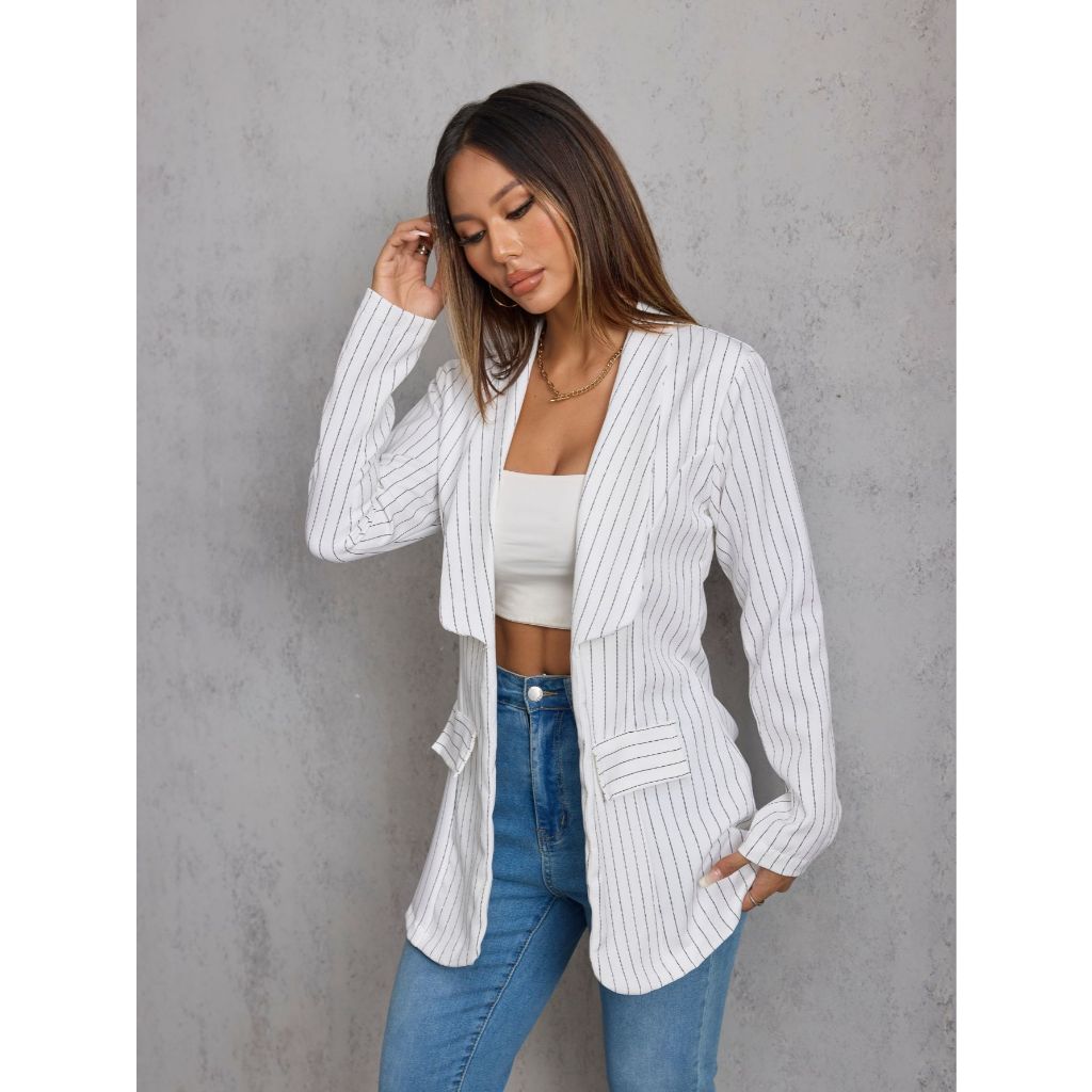 187-Jaqueta casual listrada de lapela elegante feminina