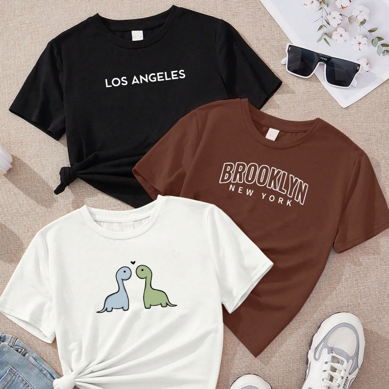 Blusa Kit com 3 Babylook feminina los Angeles BROOKLIN dinossauro marrom Off white 100% algodão