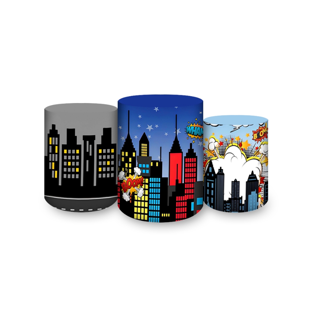 Trio de Capas de Cilindros para Festa Sublimados Tema Cidade Heróis em Oferta na Shopee