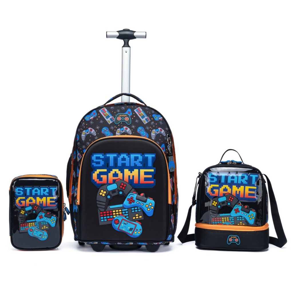 Kit Mochila Rodinha Lancheira Estojo Infantil Gamer Reforçada