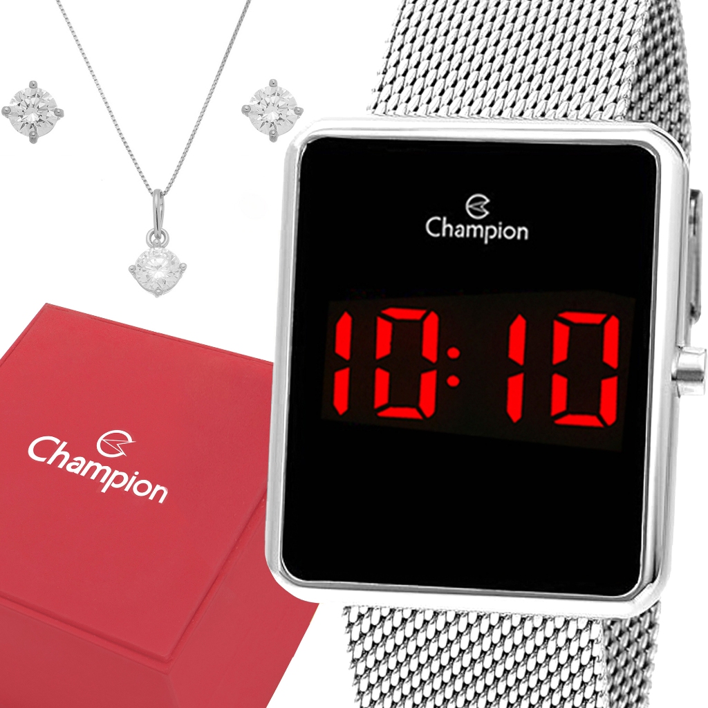 Relógio Champion Feminino Prata Digital LED Original com garantia de 1 ano acompanha colar e brincos em Oferta na Shopee