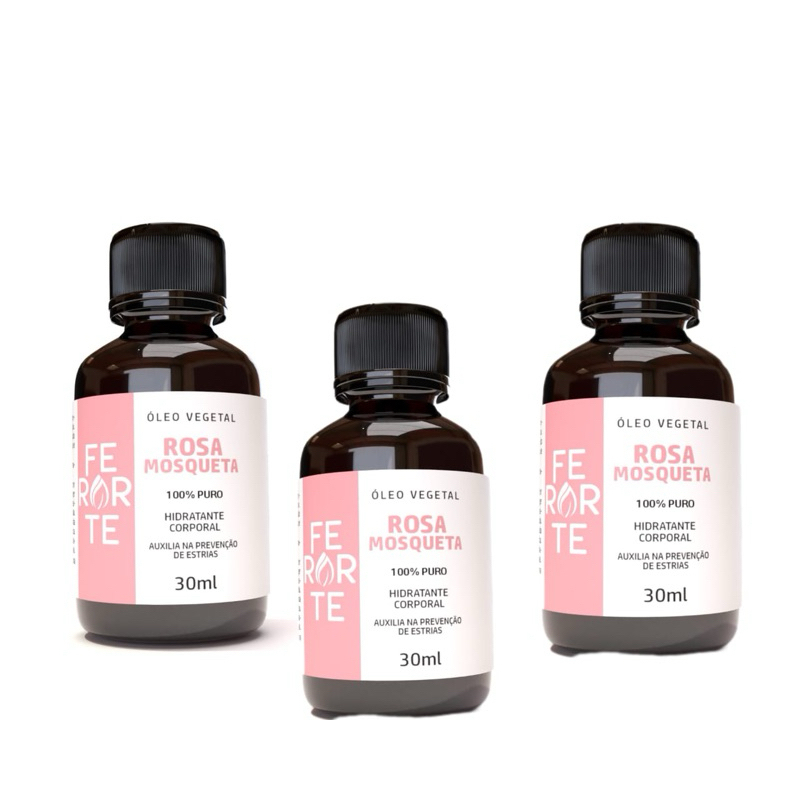 Óleo de rosa mosqueta 30ml 100% puro kit c/3 unidades cicatrizante, hidratante, celulite, manchas, estrias