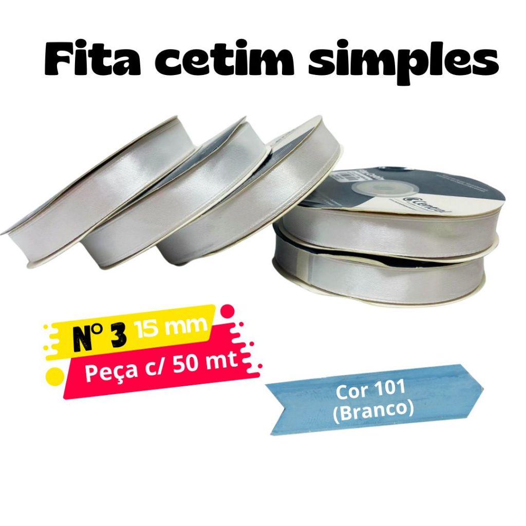 ROLO Fita de Cetim SIMPLES N°3 (15mm) COM 50mts Importada em Oferta na Shopee