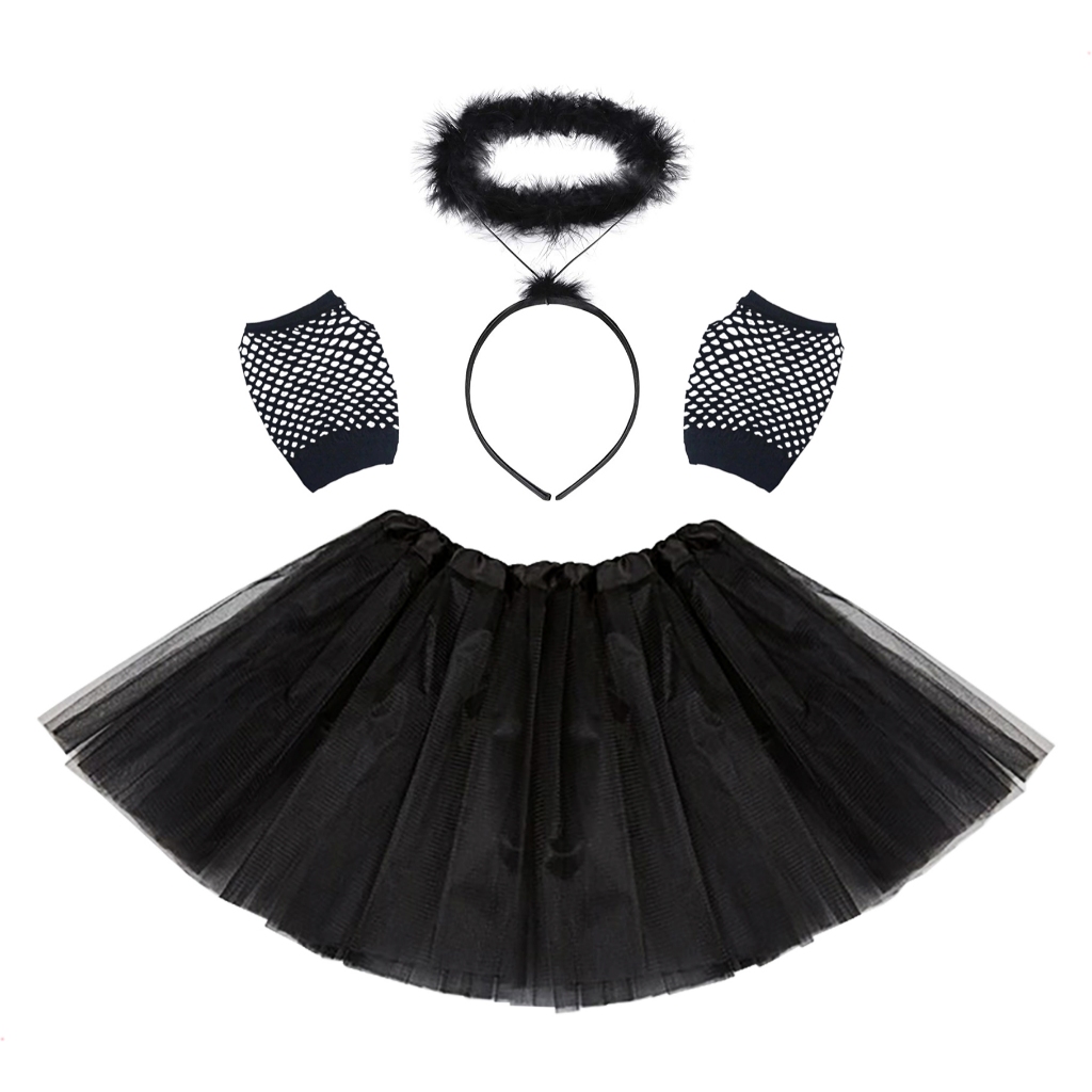 Kit Fantasia Infantil Saia Tule, Luva Arrastão mais Tiara Anjo Com Aureola cor Preta 3 peças