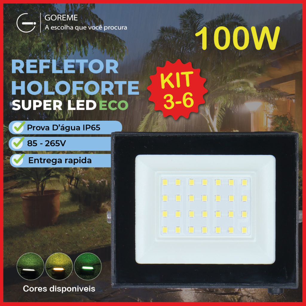 Refletor Led ECO 100W Branco Frio | Branco Quente | Verde IP65 Luz Econômica Bivolt 110-220V