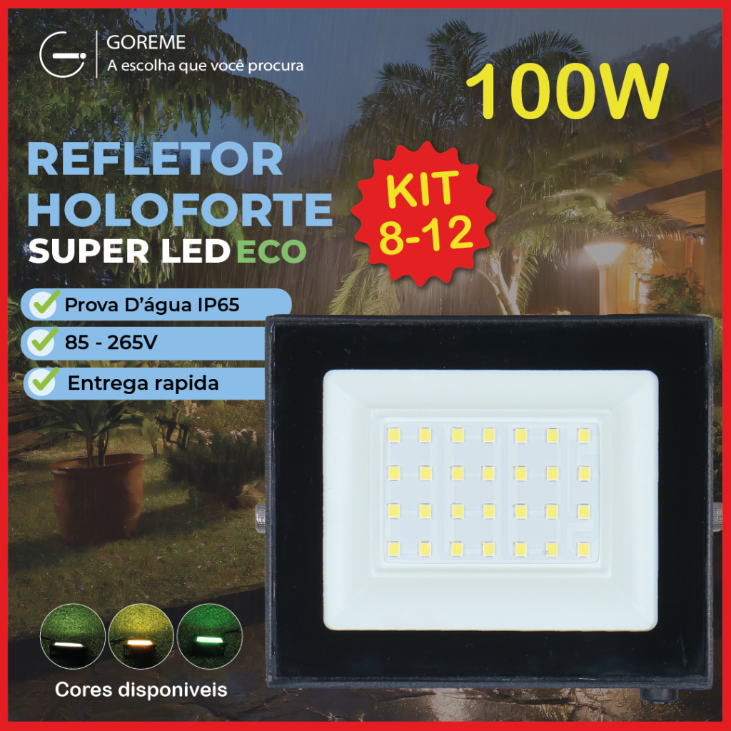 Kit 12 Refletor Led ECO 100W Branco Frio | Branco Quente | Verde IP65 Luz Econômica Bivolt 110-220V