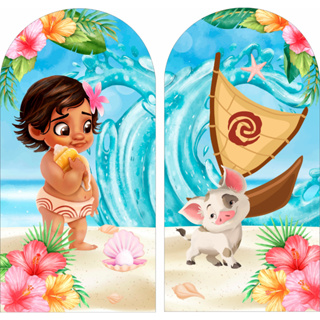 Kit Painel de Festa Moana Cute Baby e Porquinho - 2 Romanos 2x1 Em Tecido Sublimado em Oferta na Shopee
