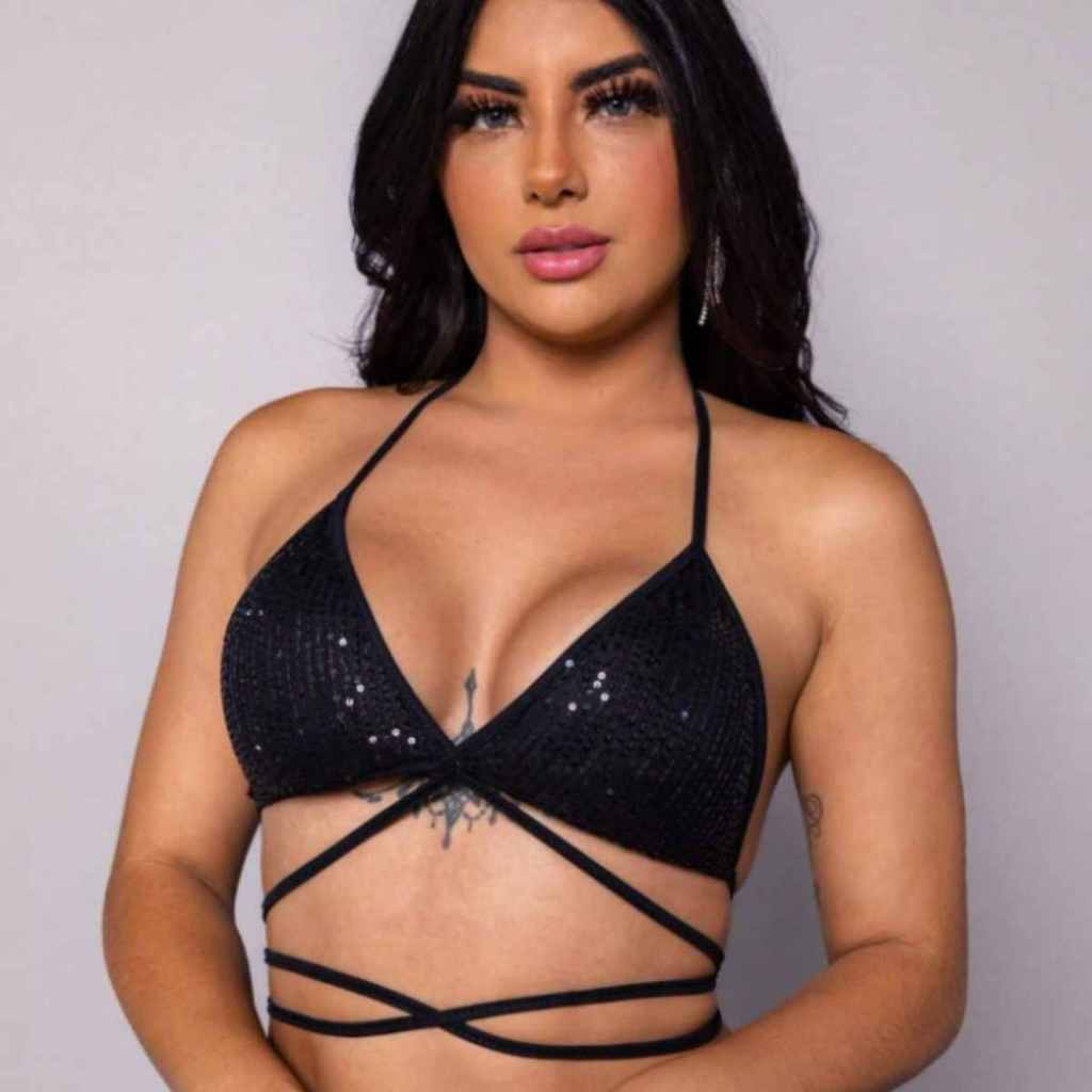 Cropped Top Paetê Alcinha Sxy Preto Amarração Gringa Moda Balada Festa Sutiã Brilho Envio Imediato