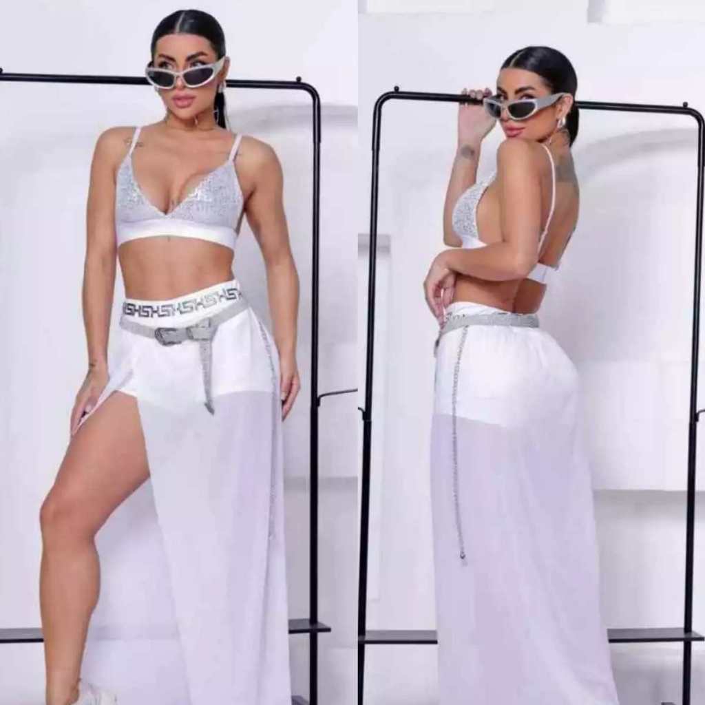 Conjunto Saia Tule Transparente Midi Fenda Cropped Paetê Brilho Branco Festival Festa Envio Imediato