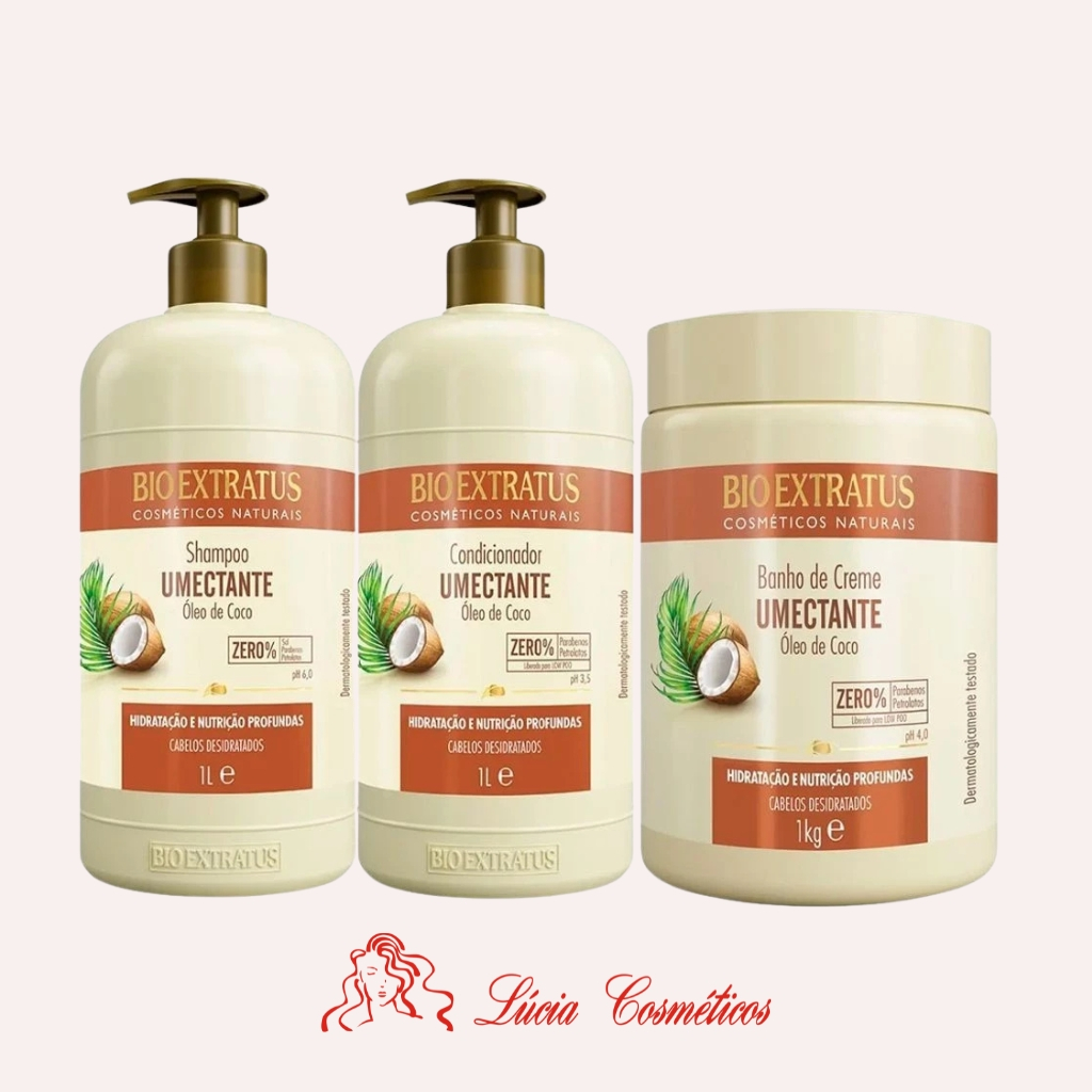 Kit Óleo de Coco Bio Extratus Shampoo, Condicionador 1L e Máscara 1Kg Cabelos Desidratados