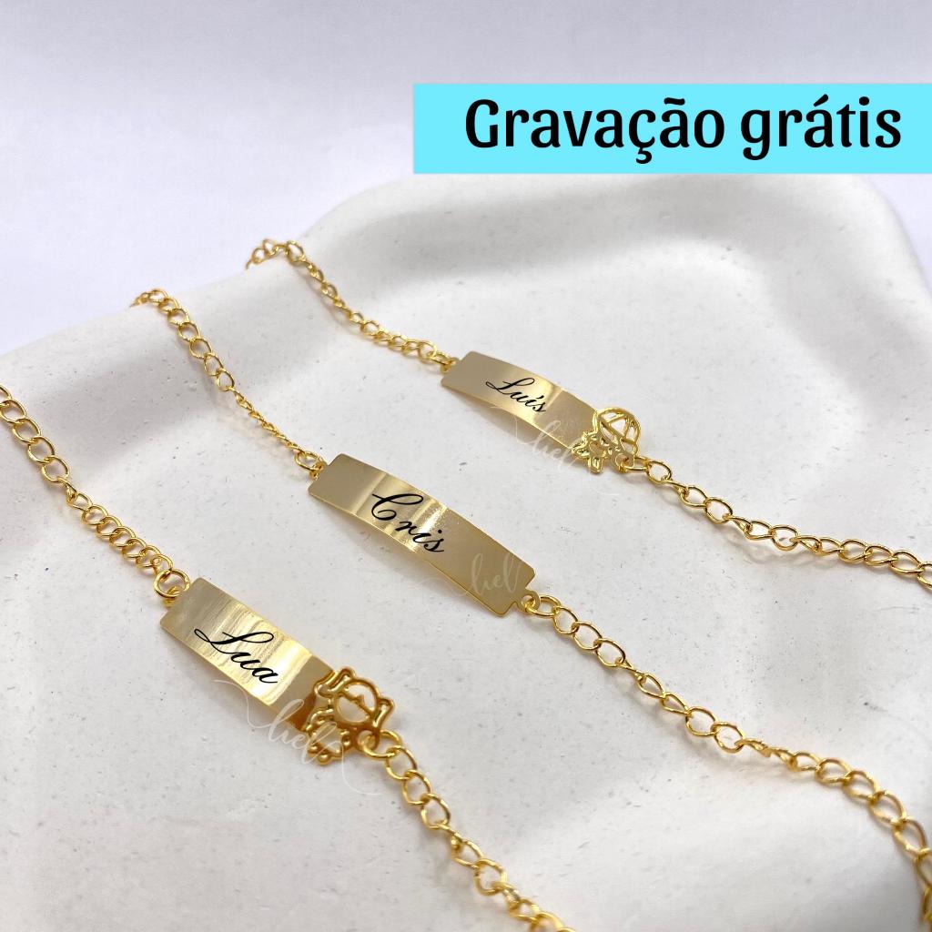 Pulseira Plaquinha Infantil Boneco Menino Menina Personalizada Gravação Nome Banhada a Ouro 18k em Oferta na Shopee