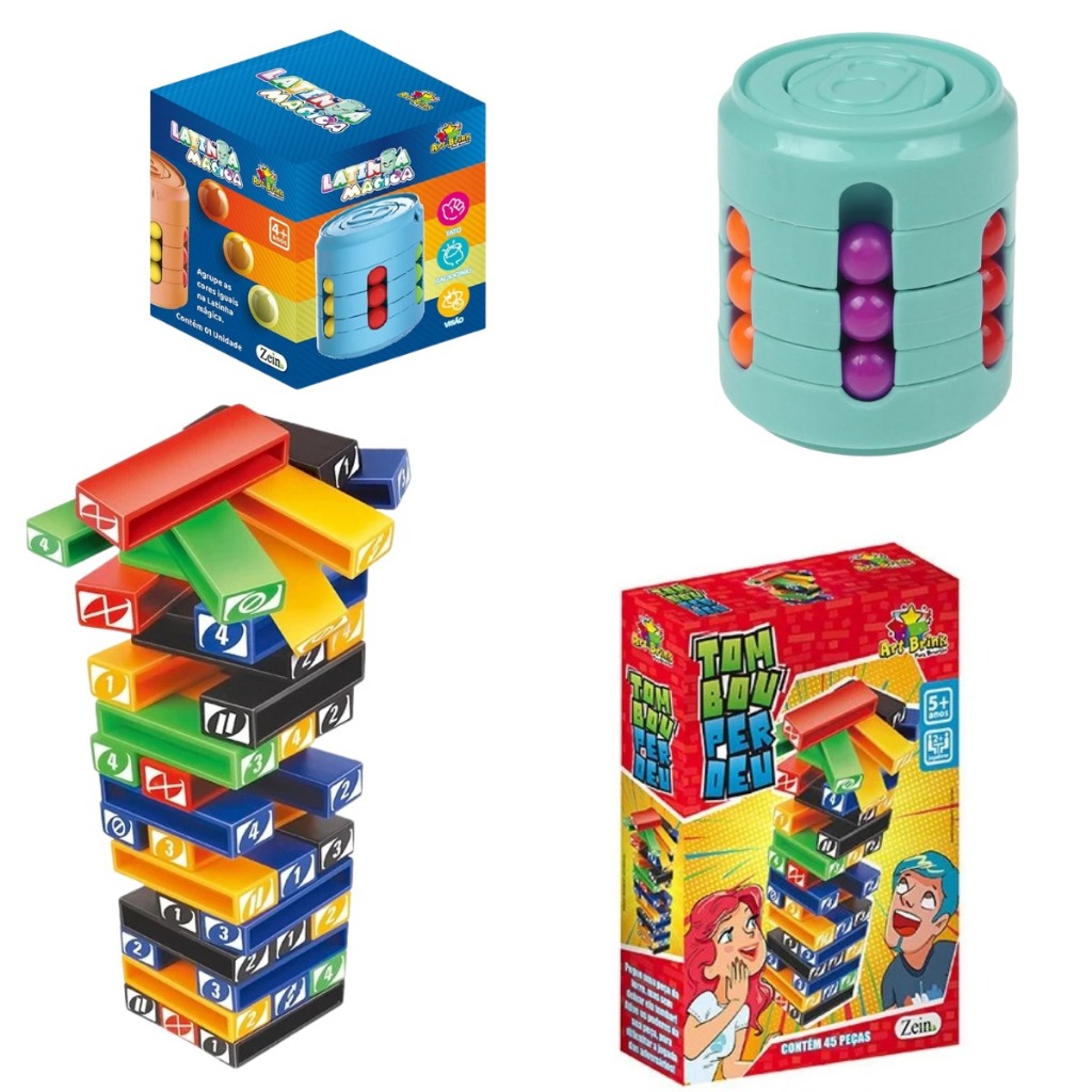 kit com 2  Brinquedos jogo tombou perdeu + latinha  cilindro magico 4d brinquedos crianças