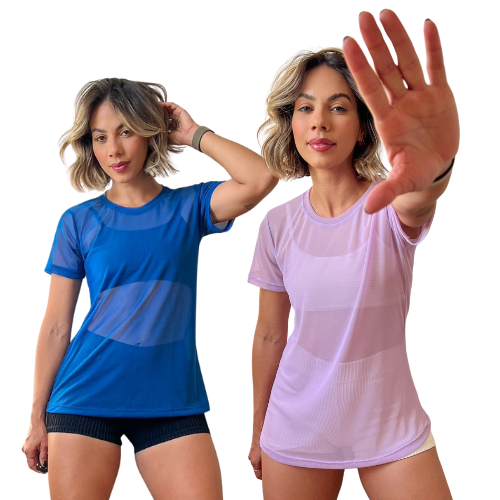 Kit com 2  camisão compridos roupa de academia, blusa de tule transparente fitness