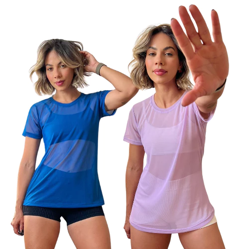 Kit com 2  camisão compridos roupa de academia, blusa de tule transparente fitness — imagem 1