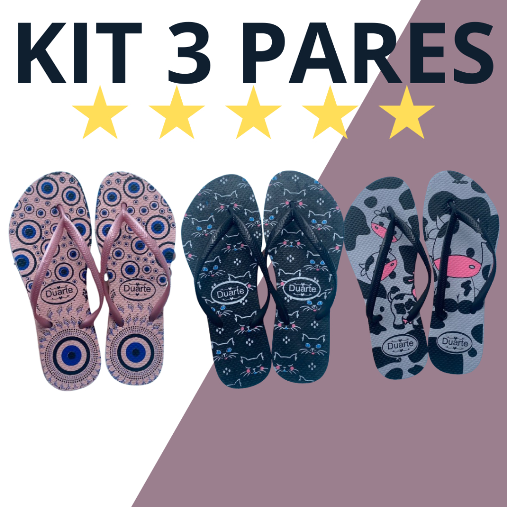 Kit 3 Pares SORTIDOS Chinelo Sandália Feminina Adulto Estampados