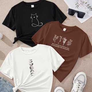 kit3 Camisetas feminina de algodão Gatinho flores e fases da lua off white malha premium T-Shirts em Oferta na Shopee