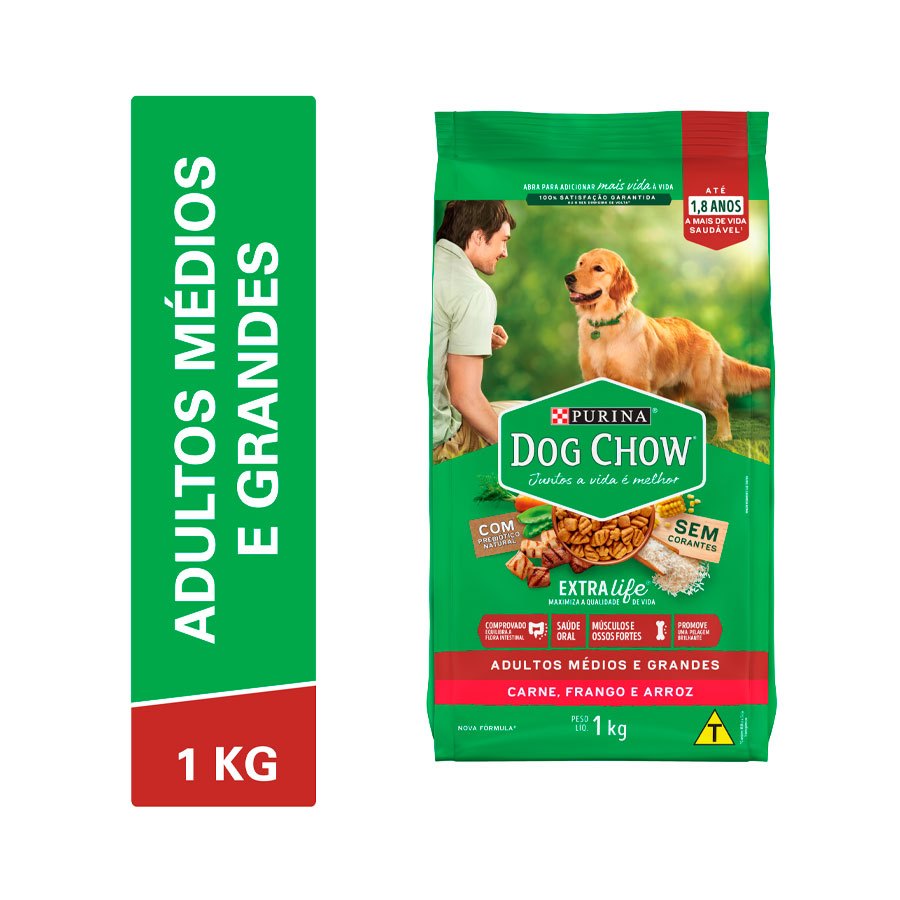 Ração Dog Chow Para Cães Adultos de Porte Médio e Grande Sabor Carne, Frango e Arroz - 1kg