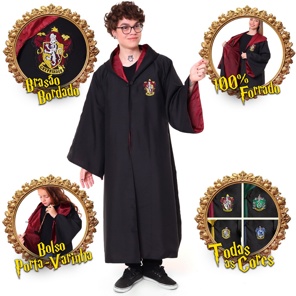 Capa Bruxo Filme HP - Fantasia Uniforme Cosplay Unissex Bordado! Infantil e Adulto