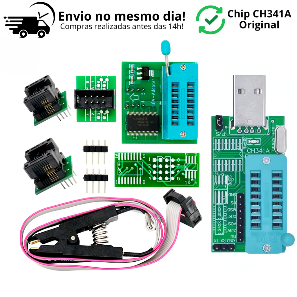 Gravadora de Chip Bios Eprom Series 24 25 CH341A 3.3v Original Programador Adaptador Voltagem 1.8v SOIC 8 16 Pinça Garra