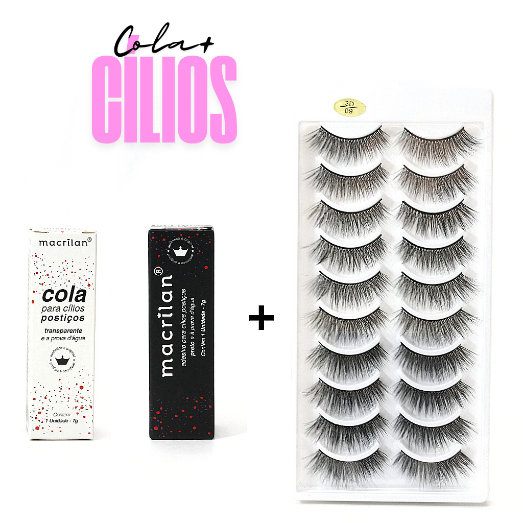 Cílios Postiços com 10 Pares, mais Cola Macrilan Kit Cílios de Boneca Volumosos Naturais e Curvados Cartela em Oferta na Shopee