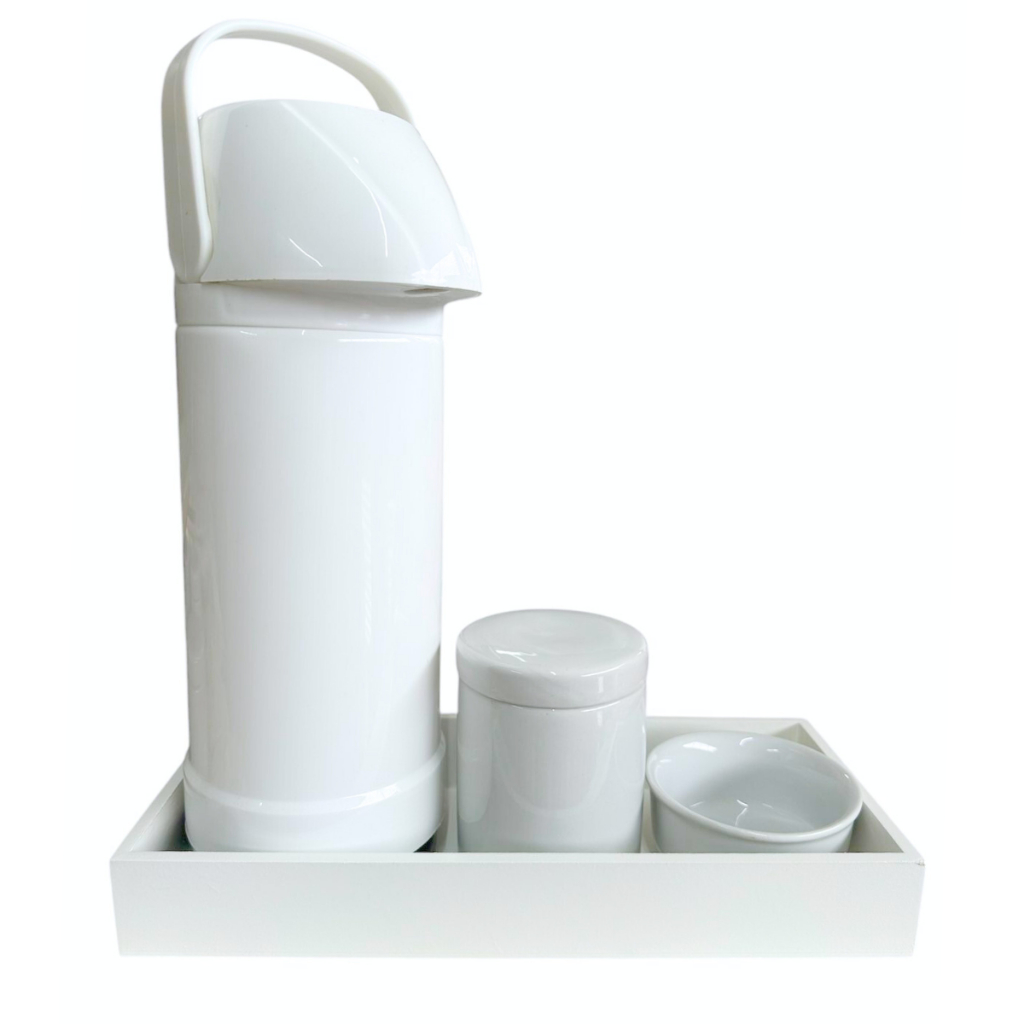 Kit higiene bebe porcelana 4 peças pote tampa porcelana molhadeira bandeja branca decoração quarto infantil kids