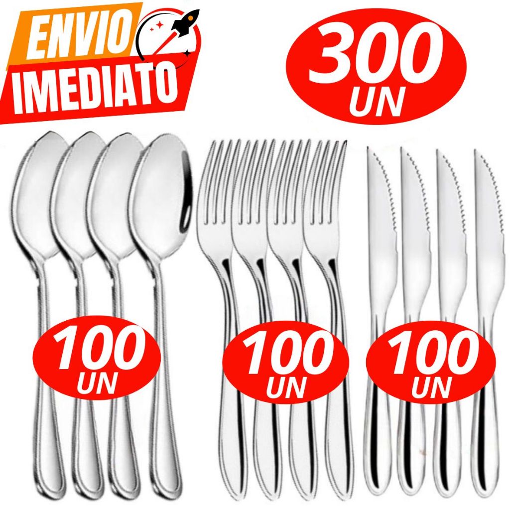 Kit 300 Peças Talheres 100% Inox 100Garfo 100 Faca 100 Colher Premium Casa Cozinha Buffet Restaurante Banquete Qualidade