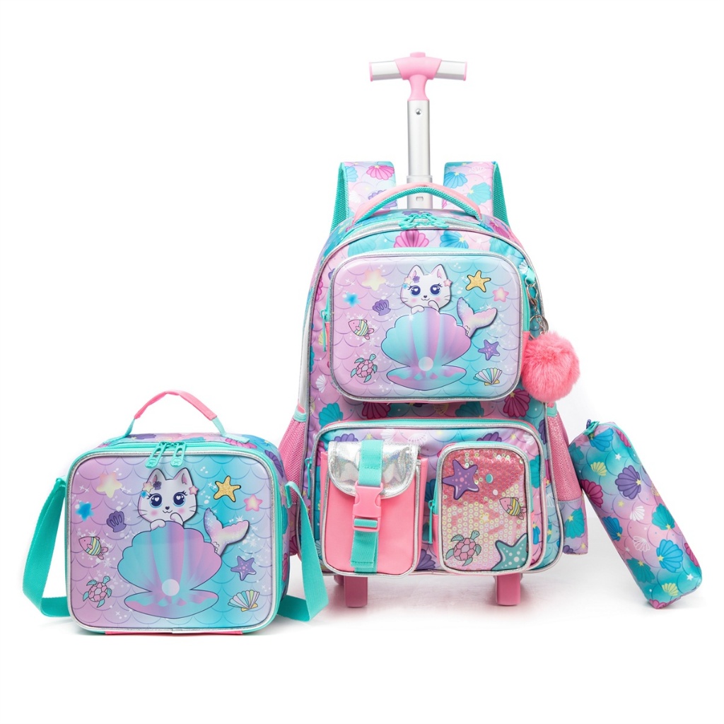 Kit Mochila Rodinha Gatinha Sereia Feminino Infantil Escolar Lancheira Térmica Estojo Organizador - Baby & Kids Fashion