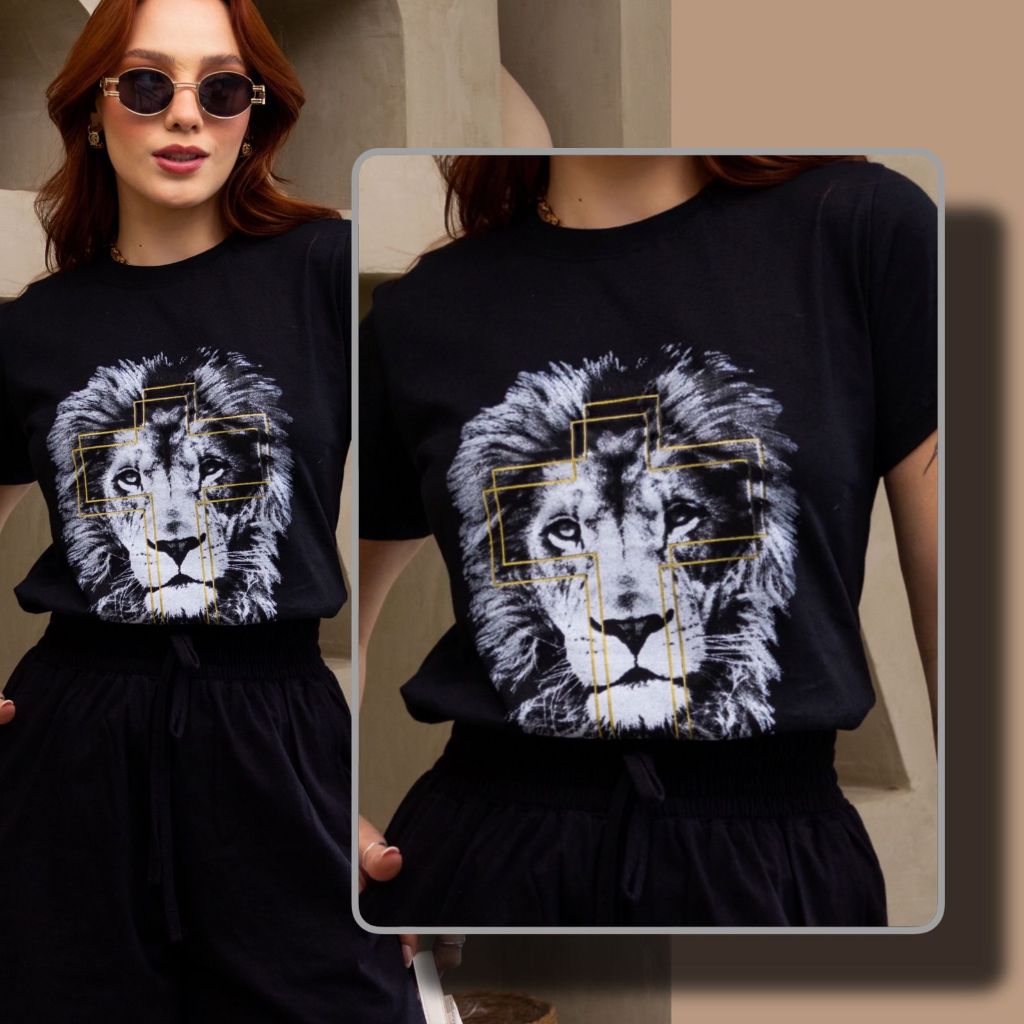 Blusa Feminina Algodão TShirt Camiseta Premium Leão Preto