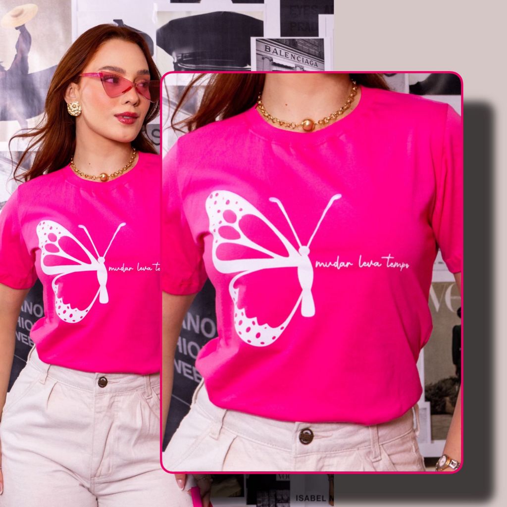 Blusa Feminina Estampada 100% Algodão Camiseta T-shirt Premium Rosa Moda Casual Estilosa