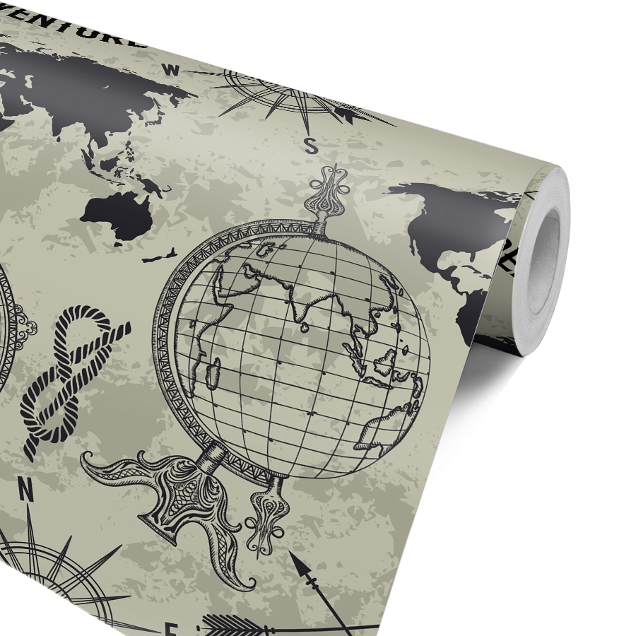 Papel de Parede Adesivo Adventure Mapa e Bússola Tons Bege e Preto Teen Aventura Mapa Mundi em Oferta na Shopee
