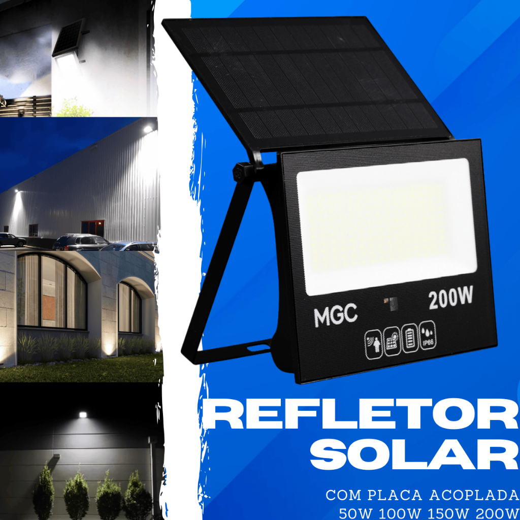 Luminária Refletor Solar Acoplado LED 200W 150W 100W 50W Sensor de Presença Fotocélula Prova d'Água
