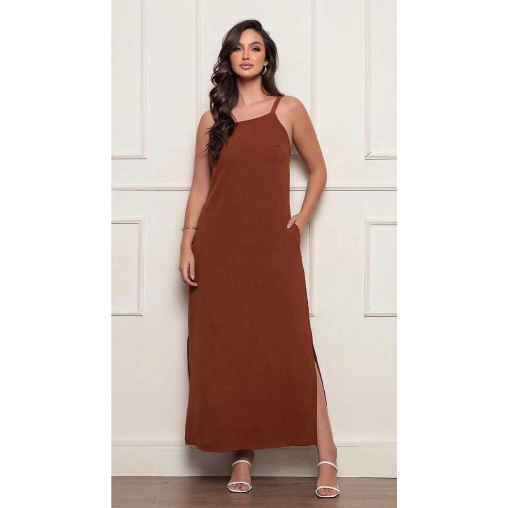 W5714 Vestido Longo com Bolso e com fenda na lateral elegante tecido duna