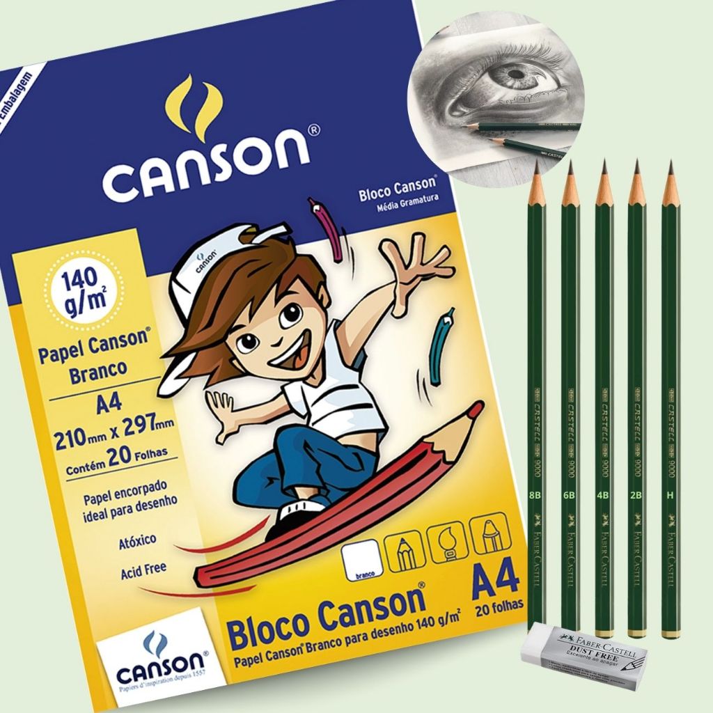 Kit para Desenho Profissional 5 Lápis 9000 + Borracha Dust Free Faber Castell + Bloco Desenho Canson em Oferta na Shopee