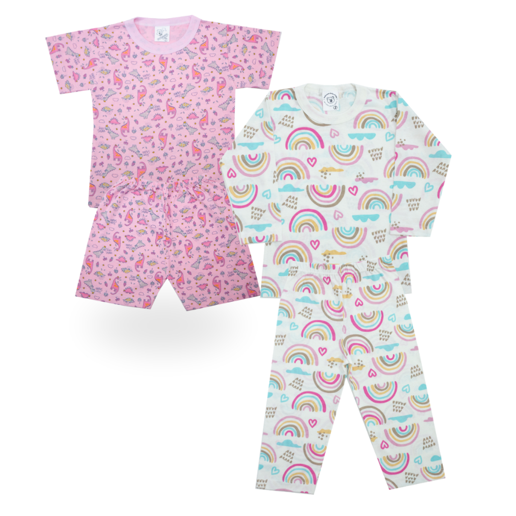 KIT 4 Peças Conjunto Manga Longa Calça + Meia Manga Shorts Verão - Pijama Feminino Juvenil 1-16 Ano