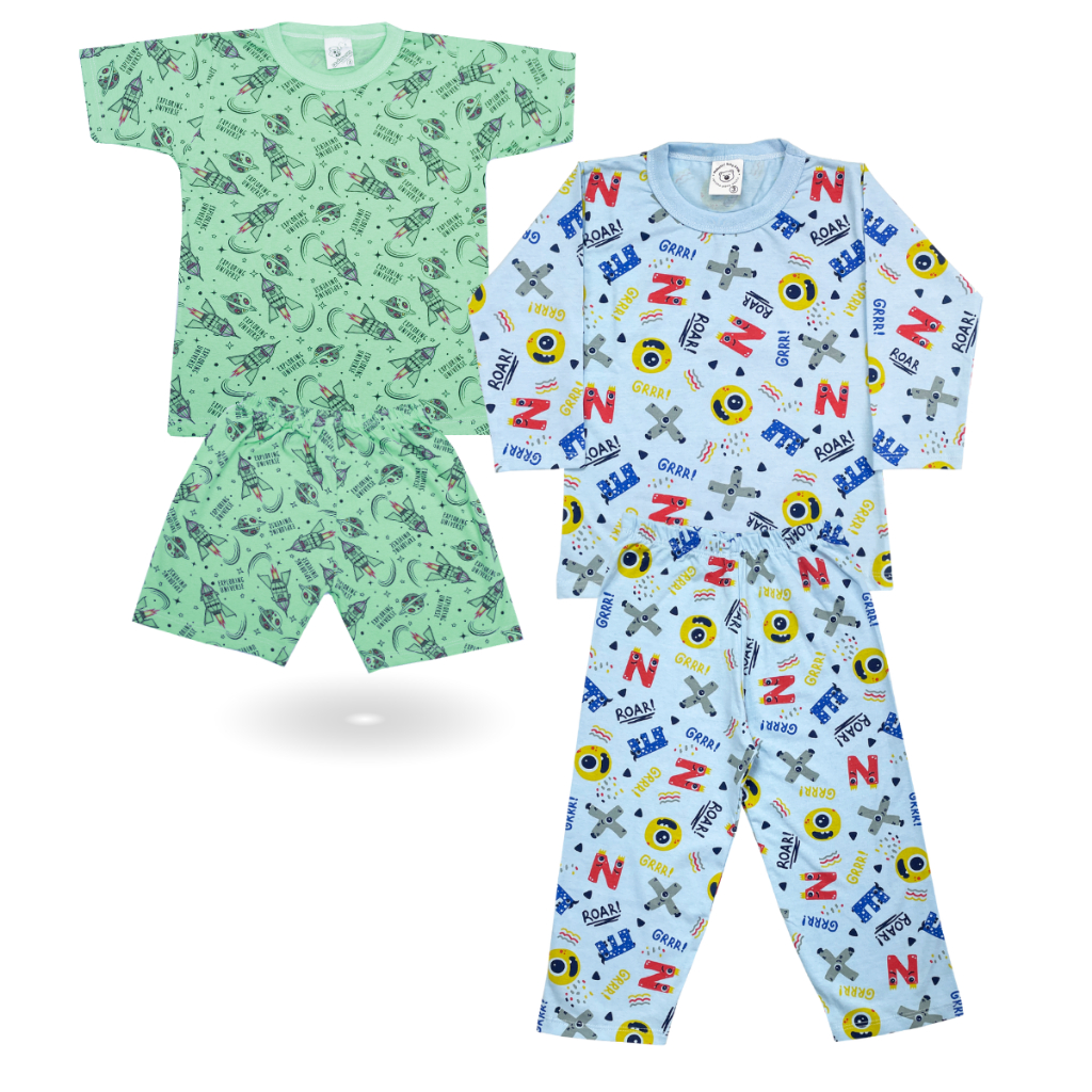 KIT 4 Peça Conjunto Manga Longa Calça + Meia Manga Shorts Verão I Pijama Masculino Juvenil 1-16 Anos