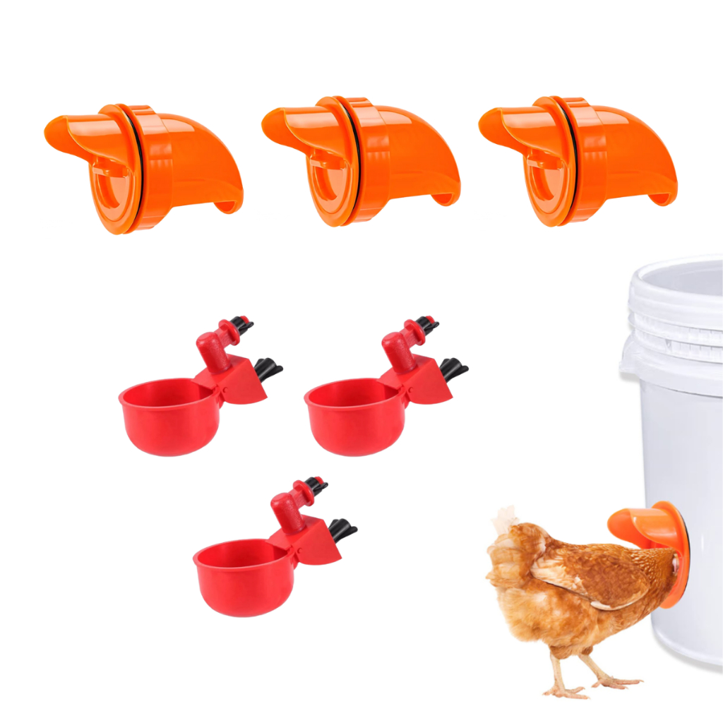 Kit com 3 Bocais para Comedouro e Tratador de Ração + 3 Bebedouros Automáticos para Aves, Galinhas