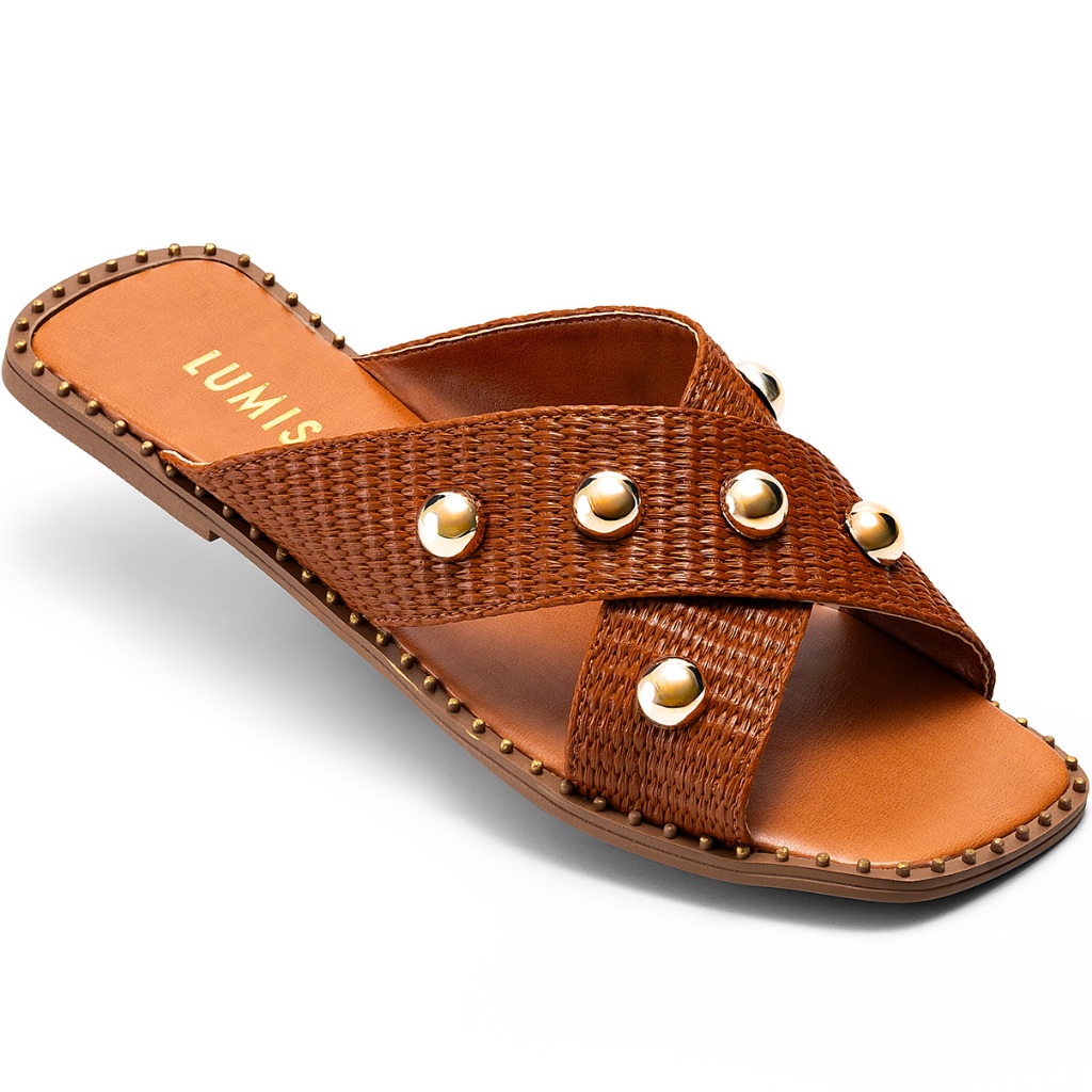Sandália Rasteira Feminina Lumiss Bico Quadrado Juta Esfera Confortável Caramelo em Oferta na Shopee