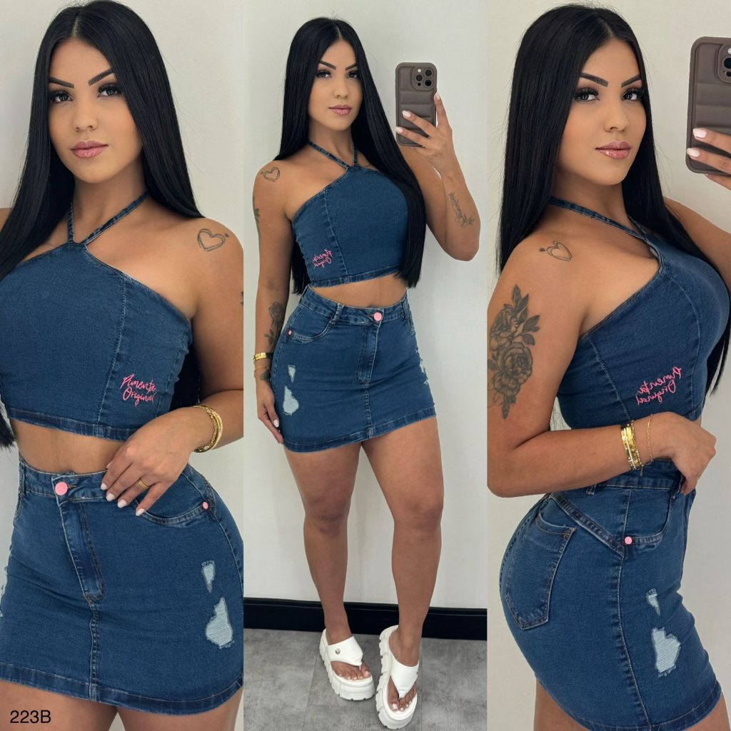 Conjunto jeans pimenta doce original saia e cropped