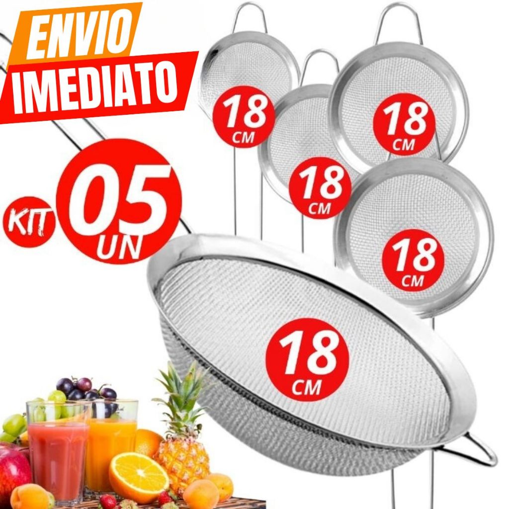 Kit 05 Peneira 18CM 100% Inox Sucos Farinhas Tapioca Bebidas Prático Durável Casa Cozinha Restaurante Barman Qualidade