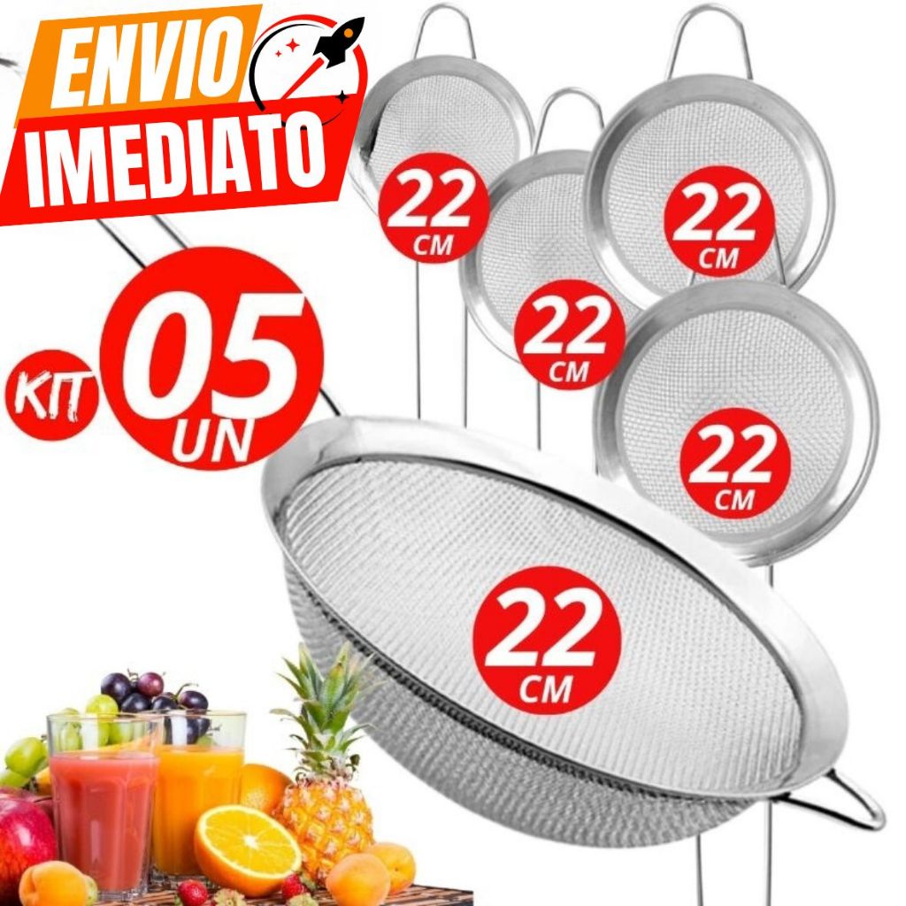 Kit 05 Peneira 22CM 100% Inox Sucos Farinhas Tapioca Bebidas Prático Durável Casa Cozinha Restaurante Barman Qualidade