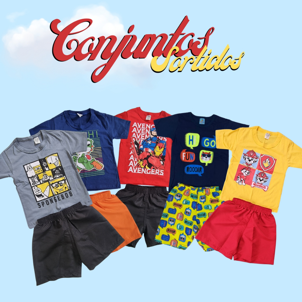 Conjunto Infantil Masculino varias Peças Verão 2025 camisa de Personagem menino roupa infantil