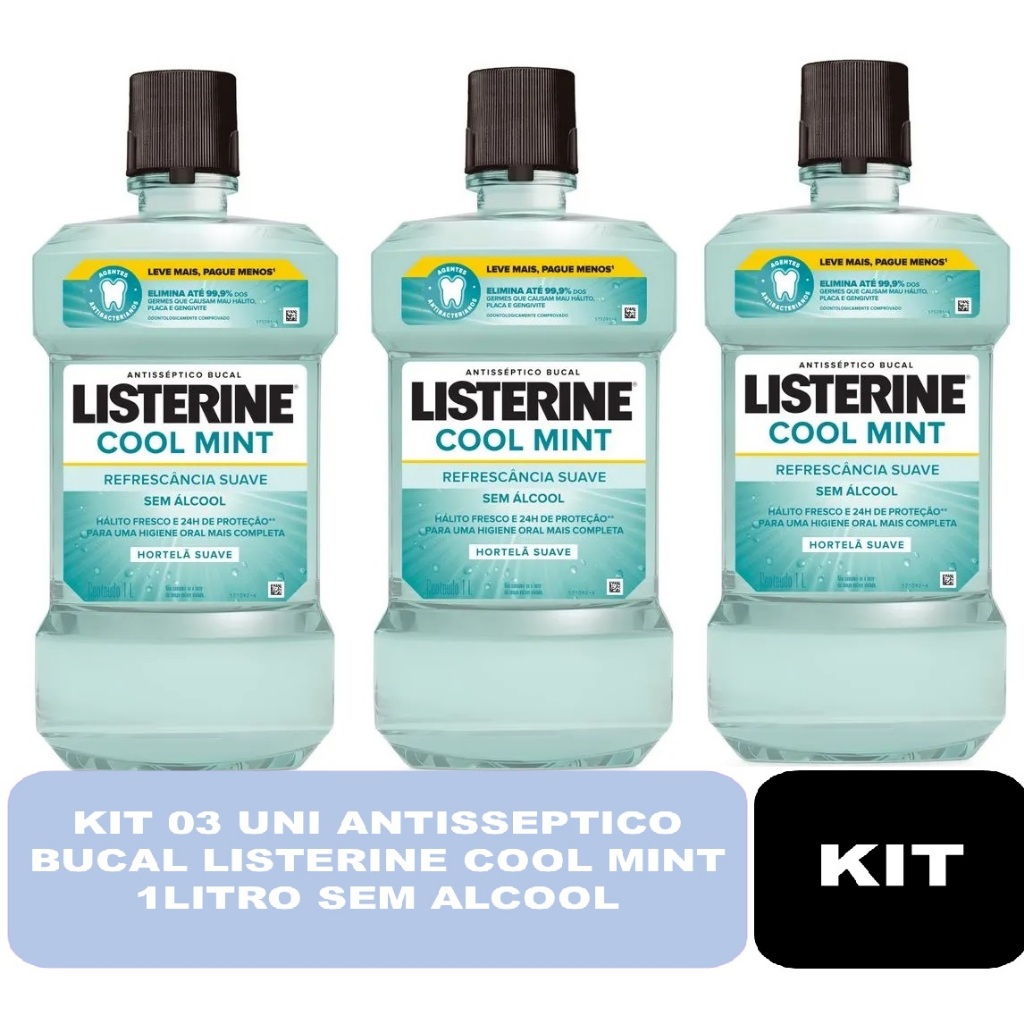 KIT 03 Uni Antisséptico Bucal Listerine COOL MINT Sem Álcool - 1 Litro em Oferta na Shopee